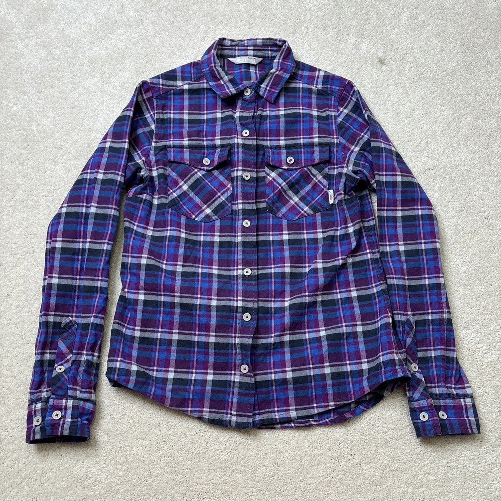 Stio Plaid Flannel Shirt Women's Size Small Button Front Blue Purple Cotton